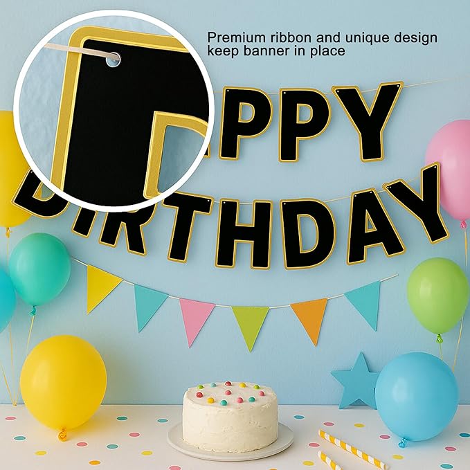 Happy Birthday Banner Black & Gold Birthday Signs Banners, Birthday&Colorful Party Decorations for Girls, Boys, Women, Adults, Pets, Photo Backdrop & Wall Decor for All Celebrations