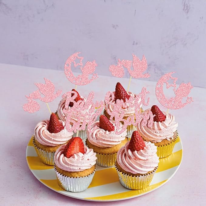 24Pcs Baby Girl Cupcake Toppers Pink Glitter Moon Star Sweet Baby Girl Cupcake Picks Decorations for Gender Reveal Baby Shower Kids Girls Birthday Party Supplies