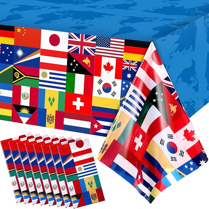8 Pack International Flag Table Cover Patriotic Table Cloth World Country Flags Plastic Tablecloth for Festival Events Celebration Party Decorations Soccer Sports Beer Party, 108 x 54 Inch