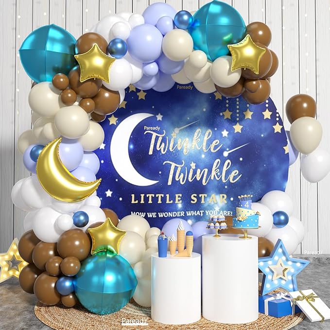 Brown Blue Balloon Garland Kit, 120pcs Blue Brown White Balloon Arch Kit With Blue 4d Foil Balloon And Gold Star Foil Balloons Different Sizes For Birthday Baby Shower Anniversary Party Wedding Decor