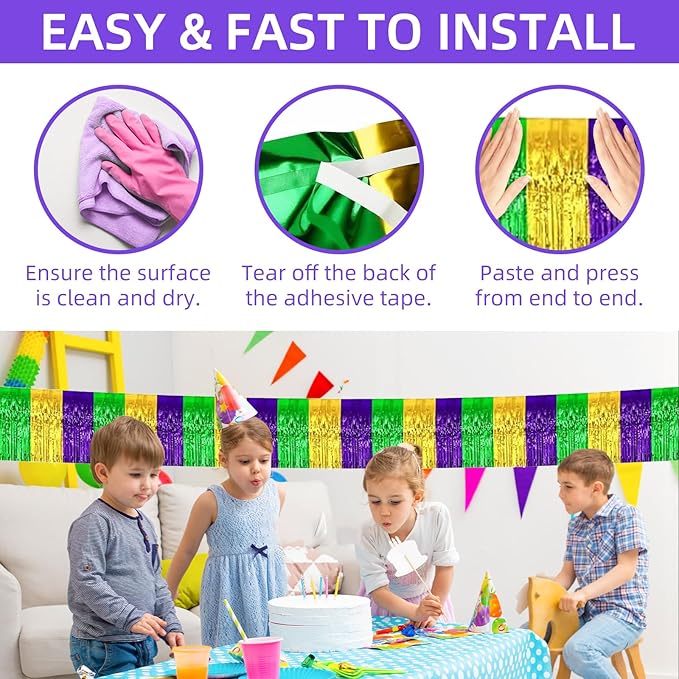 12 Pack 10 Feet Metallic Foil Fringe Garland Tinsel Streamers Banner, Gold Green Purple Wall Hanging Tinsel Fringe Banners for Parade Floats, Wedding, Birthday, Mardi Gras Party Decorations
