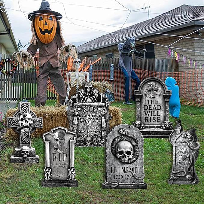Spooky Outdoor Halloween Tombstones Decor, Large Graveyard Ghost, Snake, Skeletons, 6pcs 11.5“x16.53 Waterproof Scary Gravestones for Home, Party, Cemetery Halloween Decor