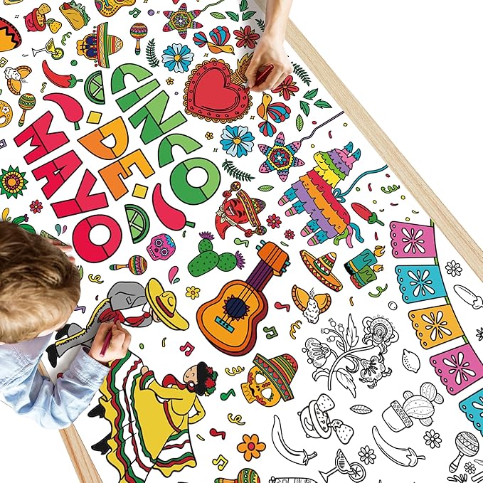 OHOME Cinco De Mayo Giant Coloring Poster/Tablecloth - 30 x 72 Inches Jumbo Coloring Banner Kids Crafts Games Accessories Gifts Decor - Fiesta Mexican Party Decorations