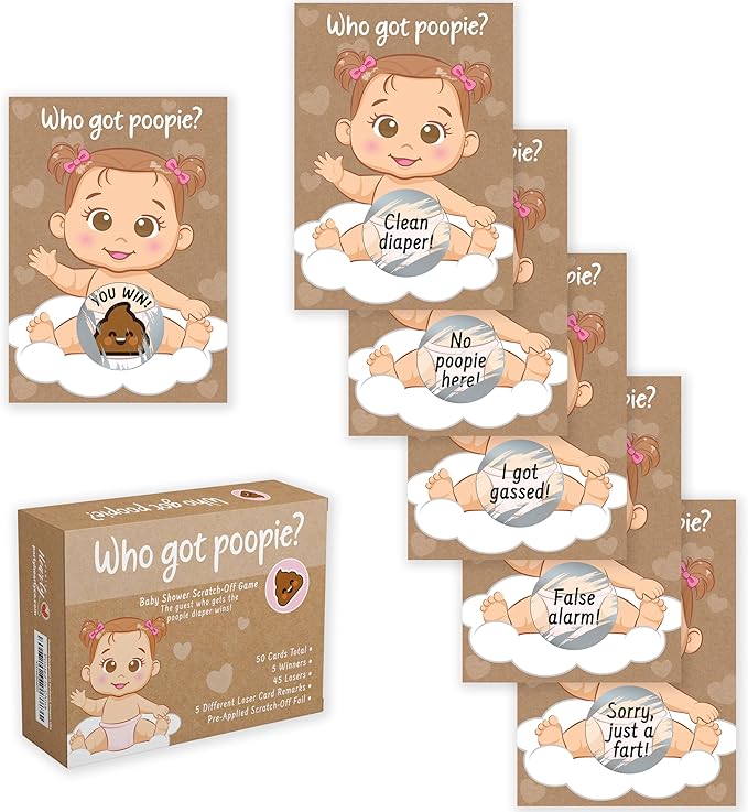 Party Hearty Fun Baby Shower Games for Girls - Poopie Emoji Scratch-Off Lottery Tickets - 50 Cards Hilarious and Engaging Baby Shower Activity