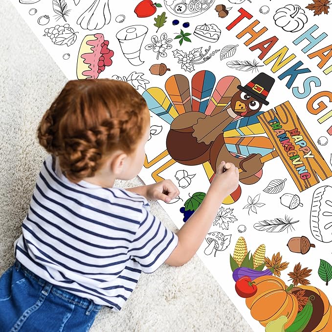 Thanksgiving Coloring Posters,Fall Turkey Coloring Paper Tablecloth for Thanksgiving Decorations Party Home Activity Supplies,30 x 72 Inch