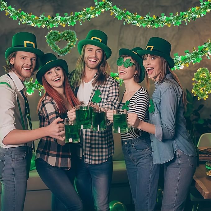 50 Ft St Patricks Day Garland Decorations,Lucky Gold Green Irish Shamrock Hat Glitter Tinsel Garland Hanging Decor for Tree Mantle Holiday Party Bedroom Office Classroom Indoor Outdoor