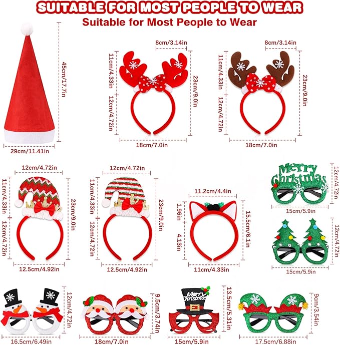 18 Pcs Christmas Glasses Glitter Headbands Hats Set, Hair Hoop Eyewear Eyeglasses Frame Santa Hat Photo Props for Adults Christmas Party Favors Holiday Photos Booth