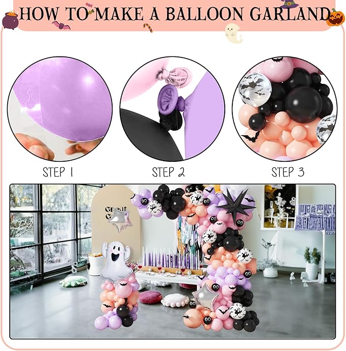 Halloween Balloon Garland Arch Kit, Black Purple Pink Halloween Baby Shower Latex Balloons with 3D Bat Ghost Witch Mylar Foil Balloons Set for Happy Halloween Birthday Decoration Indoor Outdoor