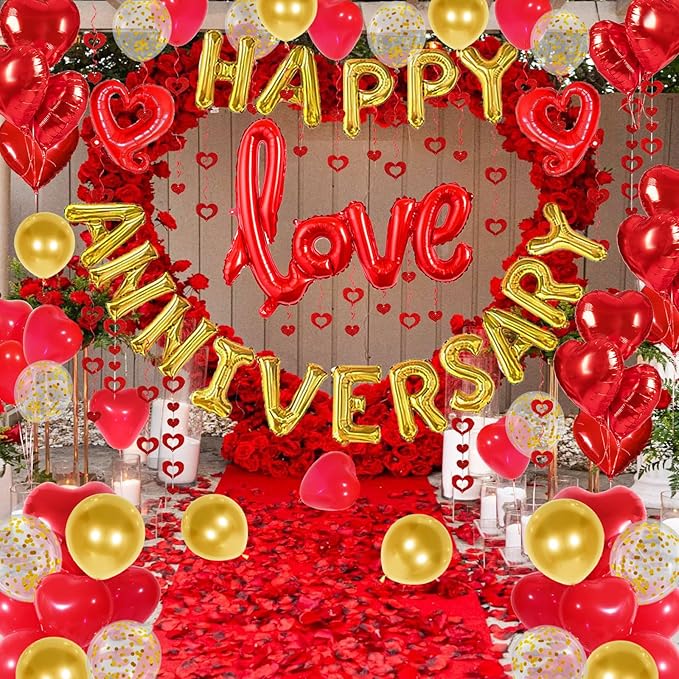 Happy Anniversary Decorations with Gold Happy Anniversary Banner, Red Heart Balloons, Love Balloon, Silk Rose Petals and Heart Hanging Decor for Valentines Day, Wedding, Bridal Shower Decorations