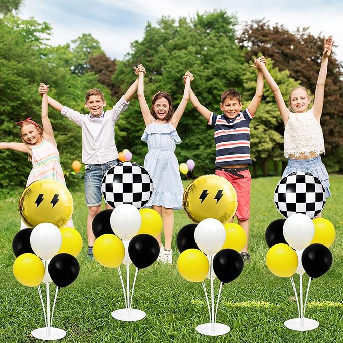 4 Sets Smile Party Balloons Stand Kit with Black White Checkered Foil Balloons Yellow Smile Face Themed Birthday Balloon Centerpiece for Tables for Girls Boys Birthday Baby Shower Party Decoration