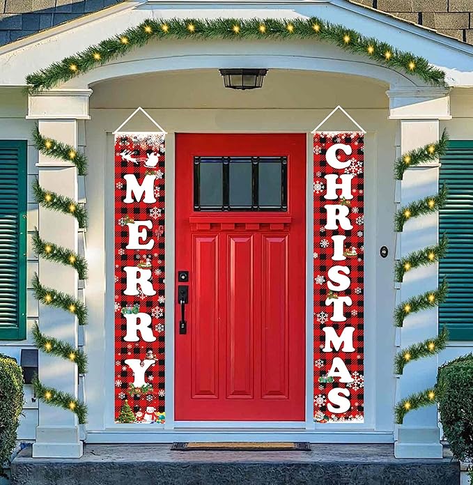 Fecedy MERRY CHRISTMAS Hanging Banner Porch Sign & Christmas Stree Snow Pattern Backdrop for Home Yard Indoor Outdoor Wall Door Party Decorations 72"x12"