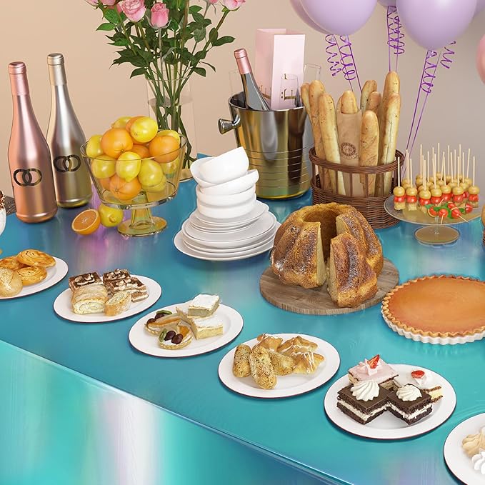 4 Pack Iridescent Plastic Tablecloths Disposable Table Cover Sparkly Foil Table Cloth for Rectangle Tables Party Decorations Birthday Princess Bridal Wedding Christmas Blue, 54 x 108 Inch