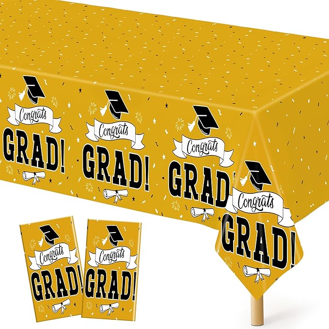 2 PCS 2026 Graduation Table Decorations, 108" X 54" Yellow Plastic Graduation Table cloths, Disposable Tablecover for Class 2026 Congrats Grad, Rectangle TableCloths for Grad Decor Party Supplies