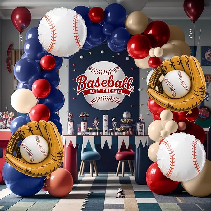 Baseball Birthday Party Decorations, Navy Blue Red Nude Balloon Arch with Baseball Glove Foil Balloons for Boys Girls Summer Birthdays Party Baseball Themed Party Decorations