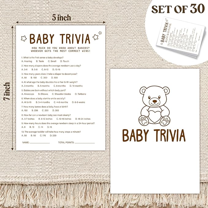 30 PCS Cute Bear Baby Trivia Baby Shower Game with 1 Answer Card for Boy Girl, Trivia Game Activity Gender Neutral Shower Party Games Supplies & Decor-C03