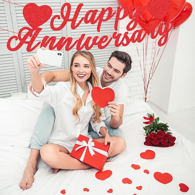 Red Glitter Happy Anniversary Banner - Pre-Strung Cardboard Letter Sign with Heart Garland for Couples Wedding Anniversary Love Party Supplies, and Romantic Special Night Bedroom Decorations