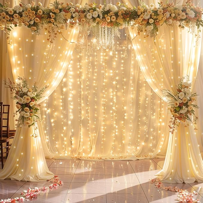 10x10ft Champagne Backdrop Curtain with Lights String for Wedding Sheer Tulle Chiffon Curtain Photo Backdrops Drapes for Baby Shower Birthday Party Home Ceremony Decorations