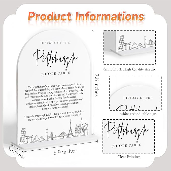 Pittsburgh Cookie Table Sign, White Arch Acrylic Wedding Sign for Ceremony and Reception Decor, Dessert Table Decor, Bridal Shower Decorations, Centerpiece Decorations Party-19
