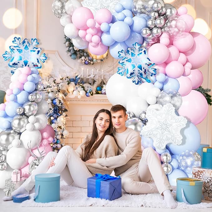 Winter Wonderland Balloon Arch Garland Kit, Light Pink Baby Blue White Balloon with Snowflake Foil Balloons for Christmas Ice Wonderland Snow Baby Shower Gender Reveal Birthday Party Decorations