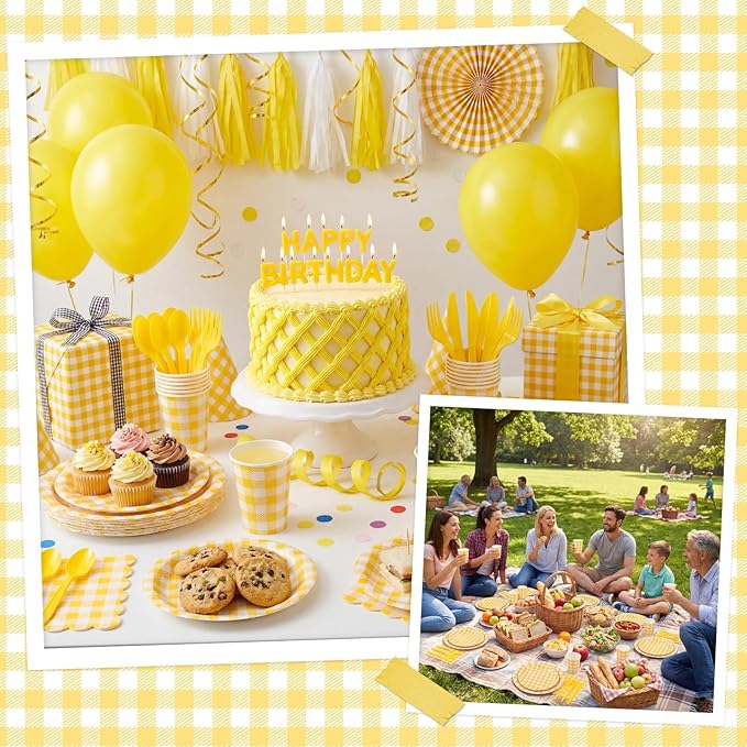 175 Pcs Gingham Party Supplies Include Yellow Gingham Plates and Napkins Cups Plastic Cutlery Disposable Yellow Checkered Plates Set for Easter, Picnic, Baby Shower, Golf Party