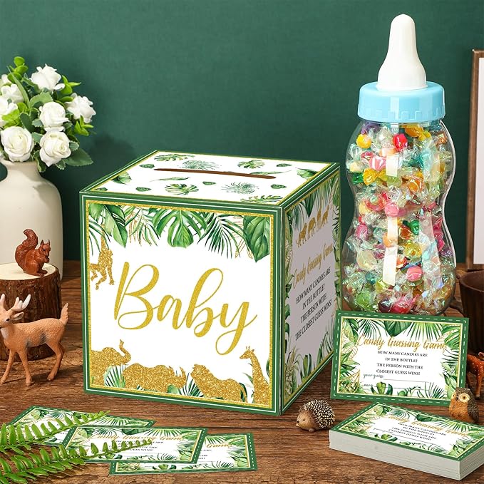 Glenmal 52 Pcs Baby Shower Games Gift Sets Large Baby Bottle for Shower Game Guess How Many Candies Decorations for Gender Reveal(Safari Jungle Animal)