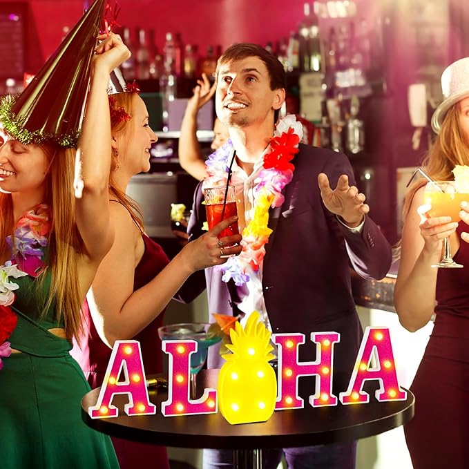 Honoson 5 Pcs Hawaiian Luau Aloha Party Decoration Aloha Letter LED Pineapple Lights Sign Summer Tropical Table Decorations Tropical Hawaiian Summer Beach Pool Party Supplies