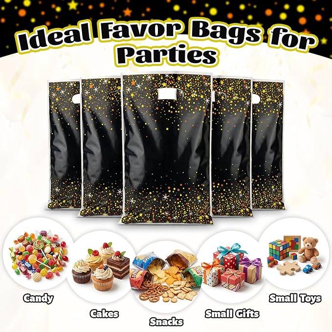 50 PCS Black and Gold Party Favor Gift Bags, Plastic Bags with Handles,Candy Snack Cookie Bags, Party Gift Bags Bulk for New Year Christmas Party Favors Supplies Graduation Decorations Baggies