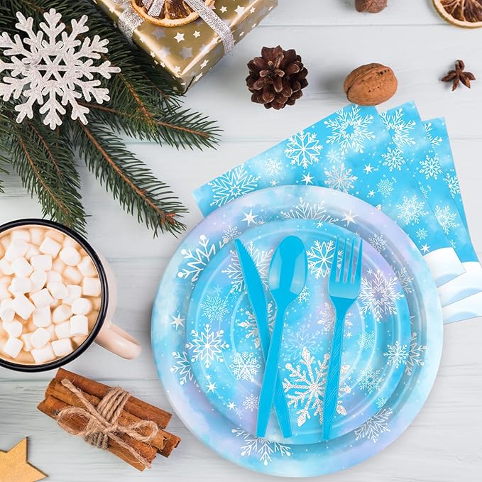 175 Pcs Snowflake Winter Wonderland Tableware Set - Serves 25, Snowflake-Themed Disposable Plates, Cups, Napkins, Forks, Spoons, Knives for Christmas, Winter Party Supplies, Holiday Gatherings