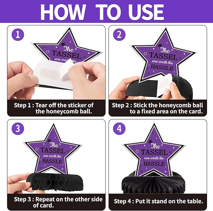 10PCS Graduation Decorations Class of 2025 Centerpieces, Congrats Grad Honeycomb Table Toppers for Graduation Party Favors, 2026 Graduation Party Decorations (10PCS, Purple & Black)