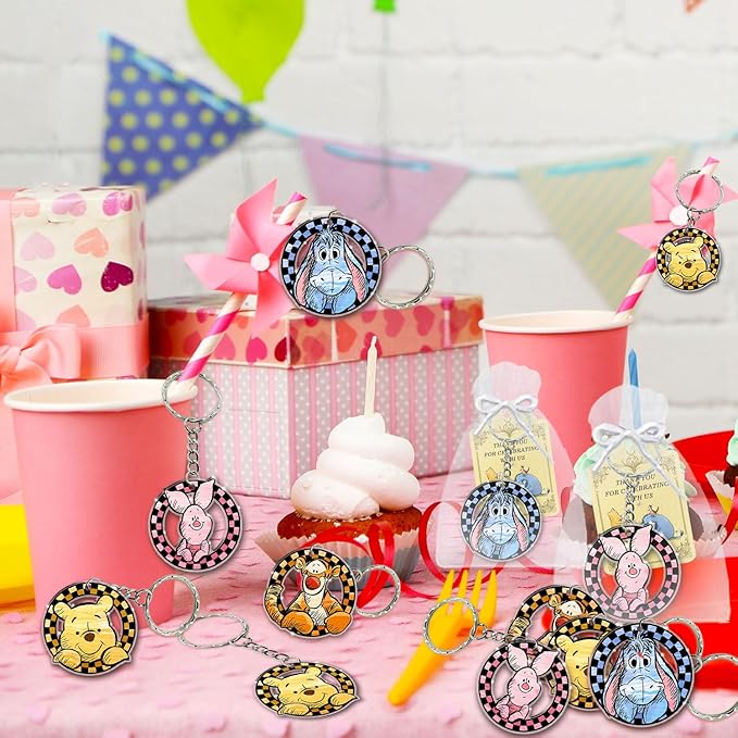 Winnie Baby Shower Favors Keychain,72pcs Winnie Baby Shower Birthday Party Supplies for Guest, 24 Acrylic Keychains, 24 Tags, 24 Gift Bags for Winnie Themed Party