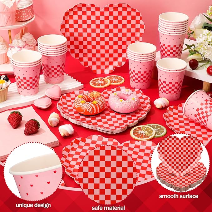 Zhehao 96 Pcs Valentine's Day Party Supplies Set for 24 Guests Red Checked Heart Plates 9 oz Cups Napkins for Valentine Romantic Dinners Wedding Anniversaries Celebrations