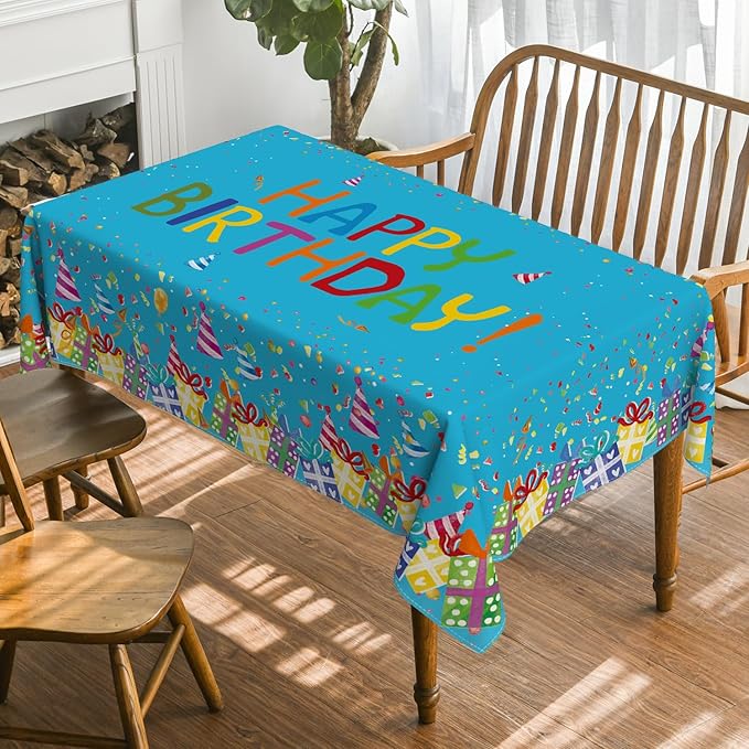 Horaldaily Birthday Tablecloth 60x120 Inch Rectangular, Happy Birthday Ballon Blue Washable Seasonal Table Cover for Party Picnic Dinner Decor