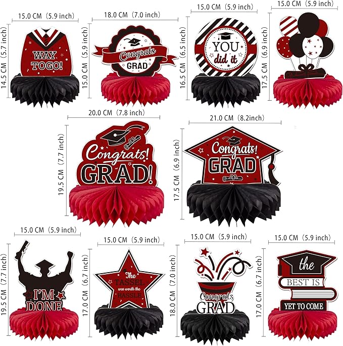 10PCS Graduation Decorations Class of 2025 Centerpieces, Congrats Grad Honeycomb Table Toppers for Graduation Party Favors, 2026 Graduation Party Decorations (10PCS, Maroon & Black)