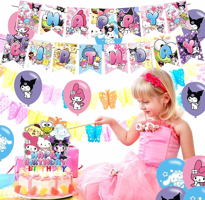 𝓢𝓪𝓷𝓻𝓲𝓸 birthday party supplies,Cute Anime party including cake caps, cupcake caps, flags, Latex Balloons, It is very suitable for birthday party supplies.