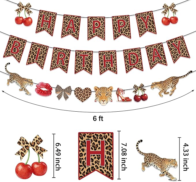 Cheetah Print Birthday Decorations, Cheetah Cherry Happy Birthday Banner Leopard Print Birthday Decorations for Girls Women, Red