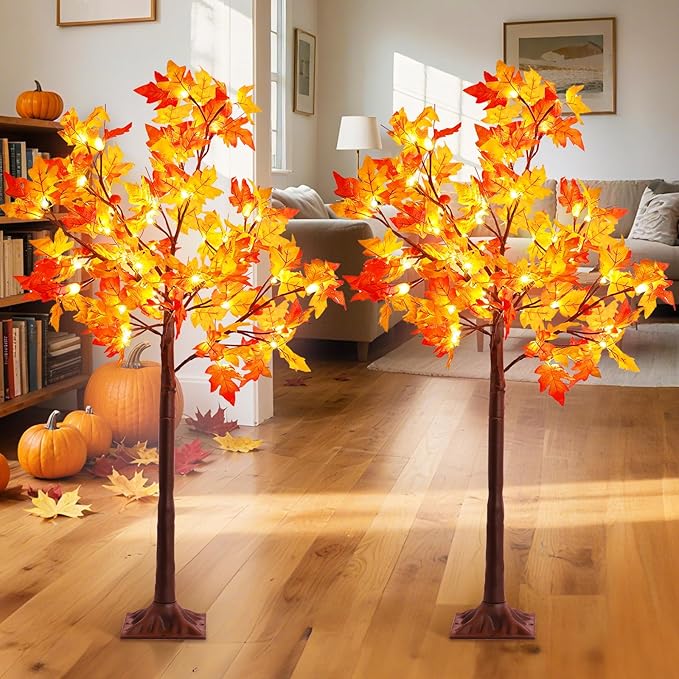 2Pack 4FT Artificial Prelit Lighted Fall Maple Tree for Home Fall Halloween Thanksgiving Table Harvest Home Indoor Decoration
