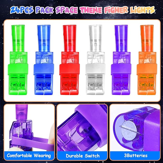 24PCS Party Favors LED Finger Lights, Glow in the Dark Light Up Toys Gifts Bulk for Kids Boy Girl Birthday Goodie Bags Stuffers Party Decorations Back to School Party Classroom Prizes (space001)