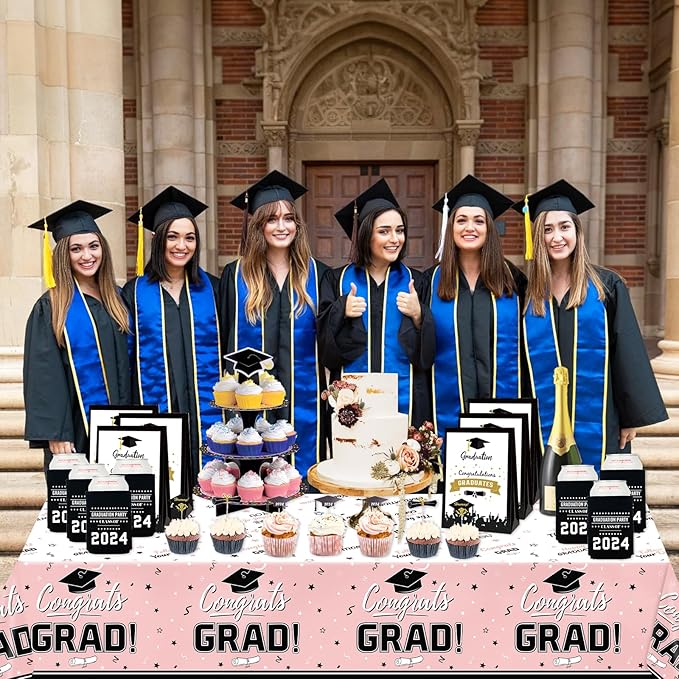 Oigco Graduation Decorations Congrats Grad Graduation Tablecloth for 2026 Graduation Party Supplies, 3 Pcs Pink Plastic Table Cloths, 54"x108"