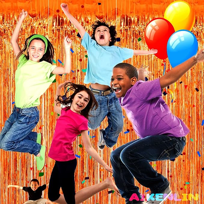 4 Pack 3.2Ft x 8.2Ft Orange Foil Fringe Curtain Backdrop, Metallic Tinsel Foil Fringe Streamers Curtains Background for Photo Booth, Birthday, Wedding, Disco, Bachelorette, Christmas Party Decoration