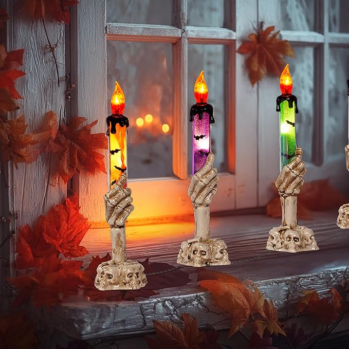 Hourleey Halloween Decorations, 10 Pack Skull Candle Lights with Stakes, Battery Operated Waterproof Pathway Decor with Timer for Indoor Outdoor Front Pathway Lawn Yard Garden