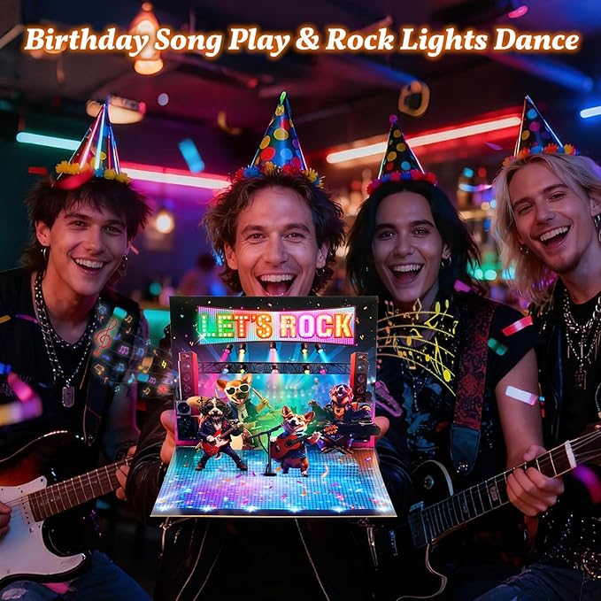 3D Pop Up Birthday Cards, Musical Rock Dog Band Birthday Cards, Happy Birthday Gifts for Mom Women Men Kids Child Dad Father Wife (Black)