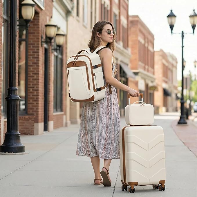 TILYMOL Expandable Luggage Set with Backpack - 21In Suitcase with TSA Lock & Spinner Wheels, Lightweight PP Hardshell Travel Luggage for Women, White
