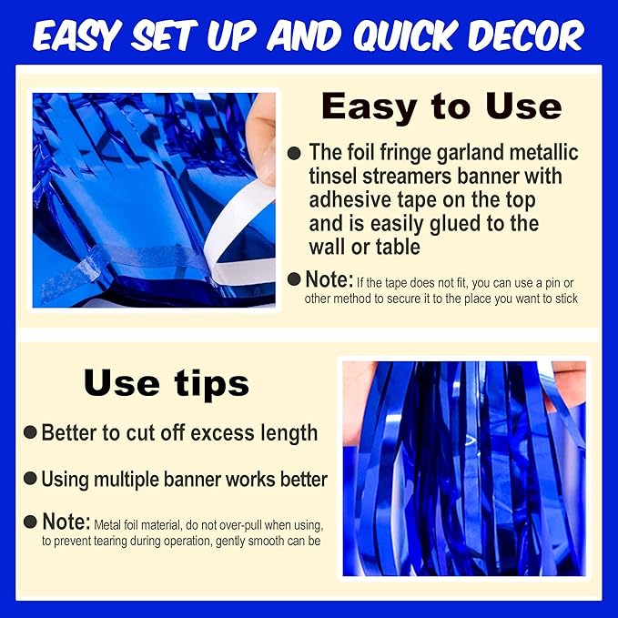 3 Pack 10 Ft Blue Foil Fringe Garland Metallic Streamers Tinsel Banner Wall Hanging Garland Backdrop for Parade Floats, Halloween, Christmas, Thanksgiving, New Year Party Decorations
