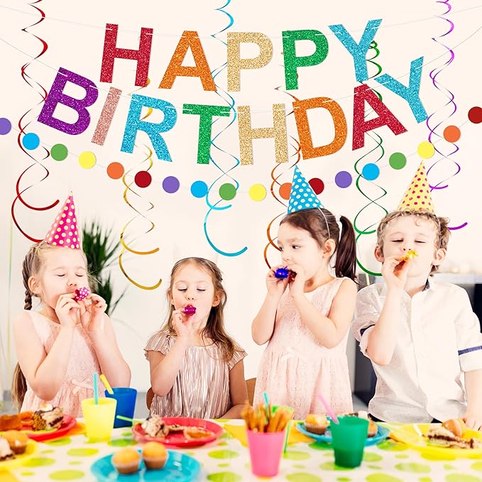 Rainbow Birthday Decorations Pre-Strung Happy Birthday Banner for Girls Women Boys Birthday Banners with Pennant Honeycomb Balls Cake Topper Stars Hanging Swirl Streamers Circle Dots Garland
