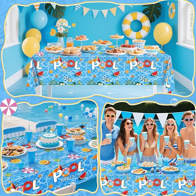 3pcs Pool Party Table Cloth Disposable, Waterproof Summer Tablecloth for Beach Swimming Pool Summer Birthday Party Dining Table Decor 54 X 108 Inch