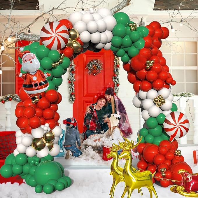 Christmas Balloon Garland Arch kit, 134 Pieces Xmas Green Red White Gold Balloons Garland Kit, Candy Cane Foil Balloons Elk Santa Claus Balloon for New Year Christmas Party Decorations