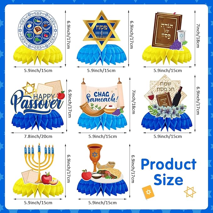 JULMELON 8 Pcs Passover Table Decorations, 3D Double Sided Passover Honeycomb Centerpieces Jewish Festival Passover Decorations for Home Table Decor Supplies Holiday Party