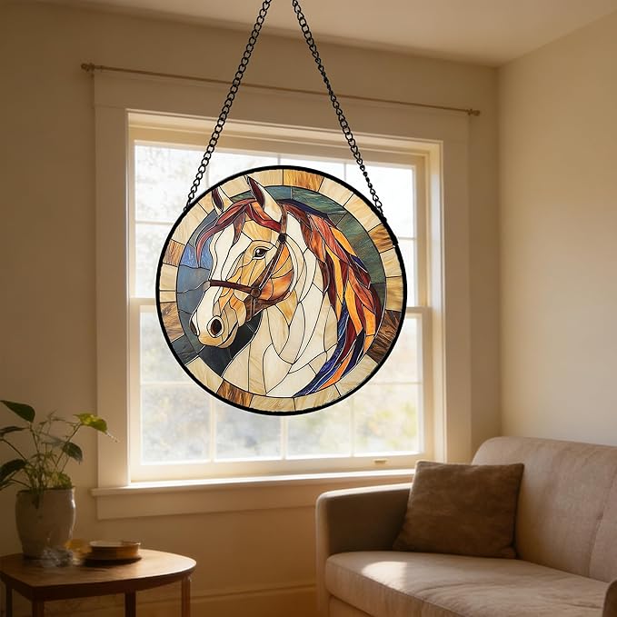 Stained Glass Window Hanging, Animal Horse Colored Mane Sun Catchers Glass Panel Cool Suncatcher Decor for Birthday for Women, Men, Wife, Aunt, and Mom 6.3 in