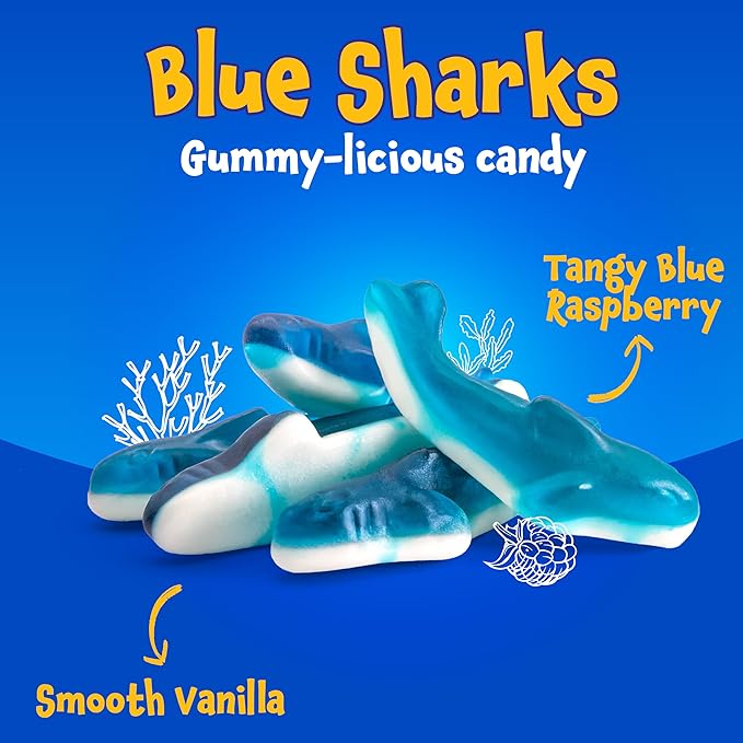 Gummy Sharks - 11 Ounce Bag - Blue Shark Gummies - Raspberry Marshmallow Flavor - Blue Candy for Goodie Bags, Gifting, Snacking and Dessert Decorating