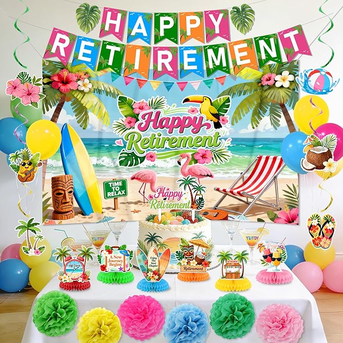 Luau Hawaiian Retirement Party Decorations Tropical Happy Retirement Banner Backdrop with Honeycomb Pom Poms Centerpieces Hanging Swirls Beach Summer Retirement Party Supplies